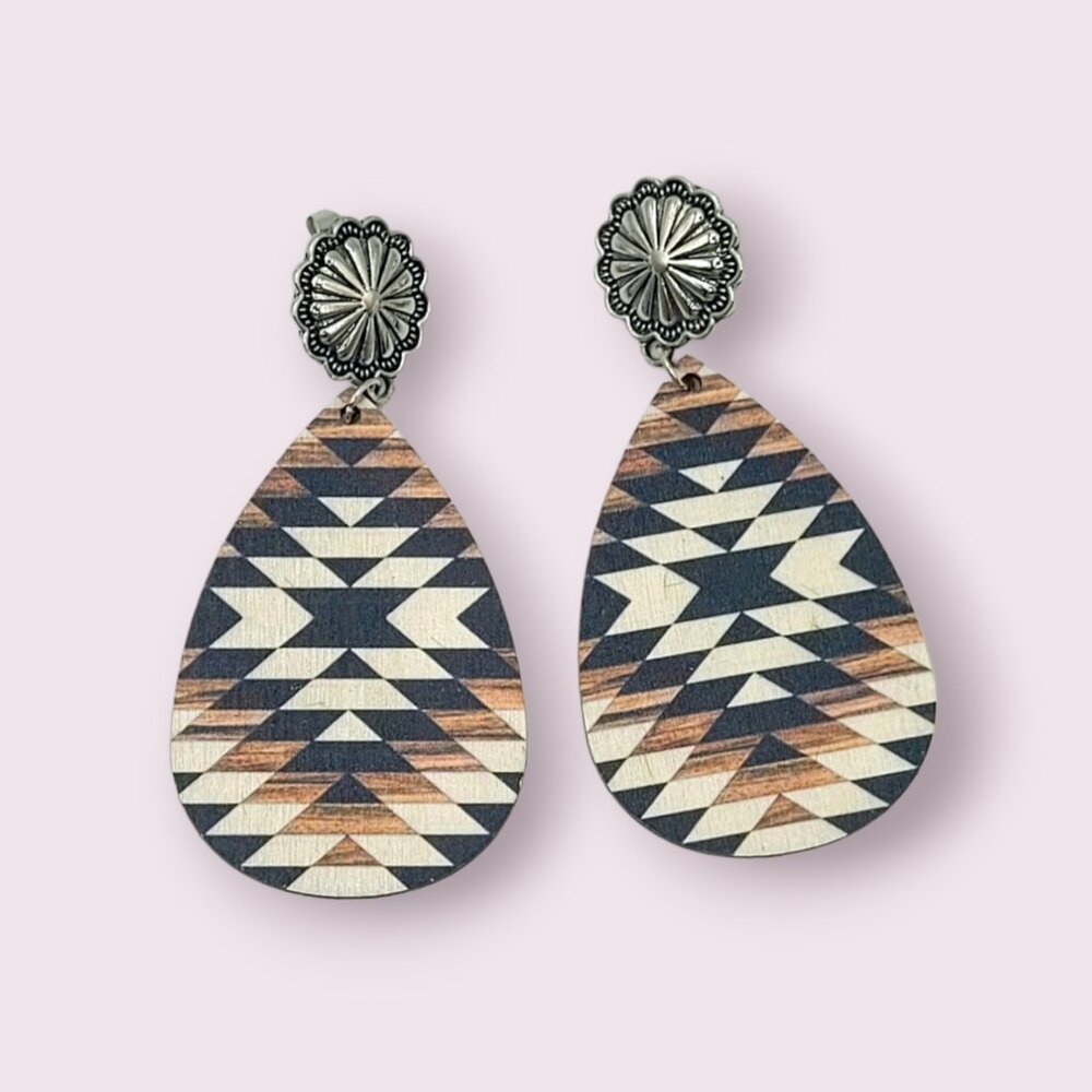 5 PACK- NWT Western Aztec Geometric Wood Concho Stud Dangle Earrings